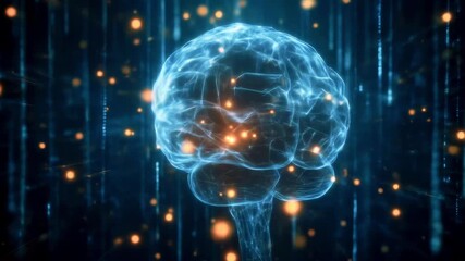Digital representation of a glowing brain amidst a backdrop of abstract data streams and lights - Powered by Adobe