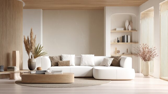 Modern, light-filled living room with natural tones