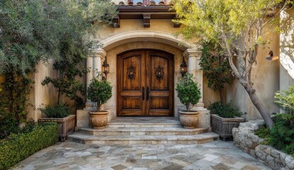 Luxury home entrance with arched double doors