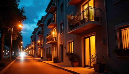 Fototapeta premium Peaceful Evening View of Apartment Buildings Along City Street