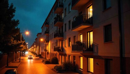 Fototapeta premium Serene Urban Twilight: A Streetscape with Apartment Buildings and Night Lighting