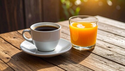 White coffee cup and glass of orange juice on a wooden table. Sunlight highlights the drinks