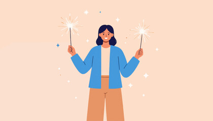 Obraz premium Cheerful illustration of a young woman celebrating with bright sparklers, embodying joy, excitement, and festive spirit for memorable events and positive beginnings