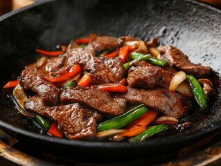 Thinly sliced beef sizzling in a wok with vegetables and soy sauce