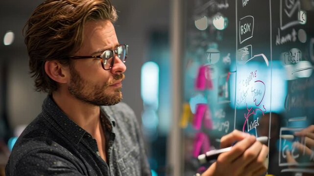 Business founder brainstorming ideas transparent whiteboard with colorful sticky notes planning strategy and creative business planning using whiteboard and sticky notes for effective strategy