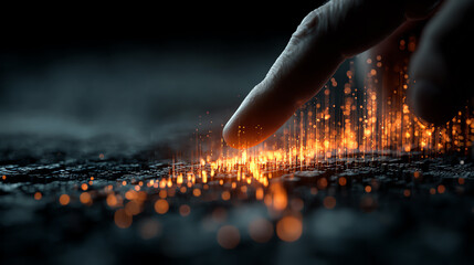 A close-up view of a hand interacting with glowing data visuals in a dark environment, showcasing futuristic technology.