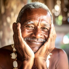 Smiling elder, hands on face