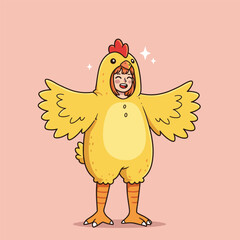 Cartoon character in yellow chicken costume with red comb, striped legs, smiling on pink background with sparkles.