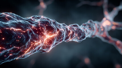 A detailed view of a neuron, showcasing the intricate structures and electric signals within the nervous system.