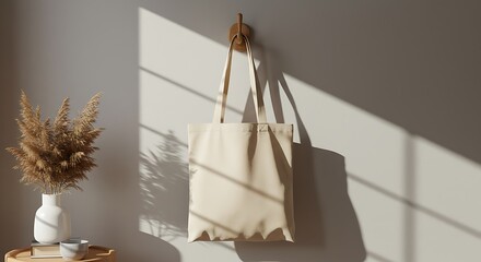 Beige Tote Bag Hanging on Wall, Sunlit Room