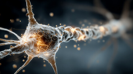 A detailed visualization of a neuron, showcasing its intricate structure and glowing synapses, ideal for educational materials.