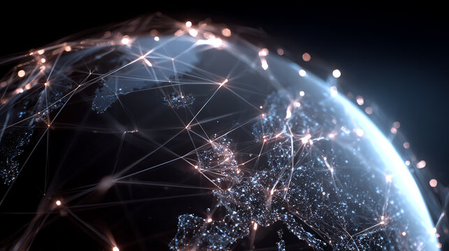 A digital representation of a connected globe, showcasing global networking and technological advancements with glowing nodes. - Powered by Adobe