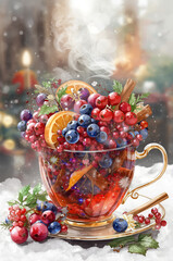A cup of tea with berries