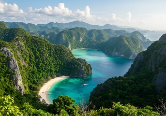 Tropical Island Cove, Lush Green Mountains, Azure Waters