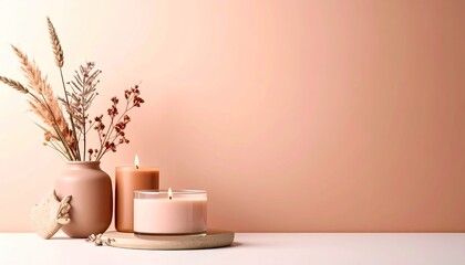 Warm-toned Candles and Dried Flowers on a Neutral Background