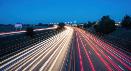 Highway at dusk, car light trails blaze on the road under a blue sky
