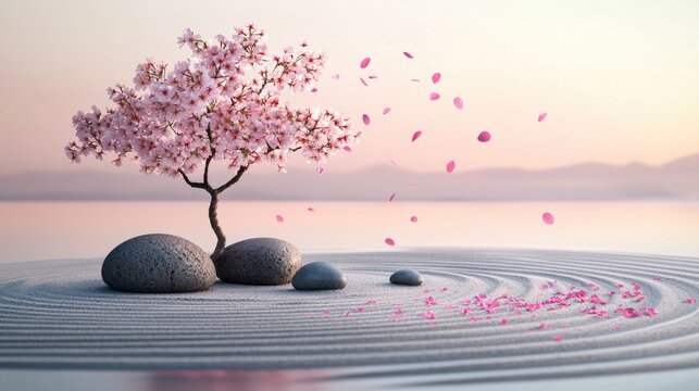 blossoming cherry tree in a peaceful zen garden, soft falling petals over raked sand and smooth stones, twilight sky with gentle light