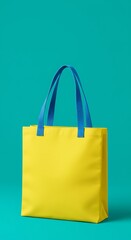Yellow Tote Bag with Blue Handles on Teal Background