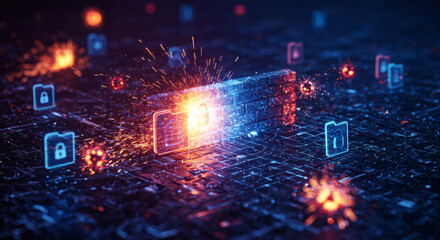 Abstract visualization of a critical cybersecurity breach, with glowing data icons and security locks under attack from digital viruses