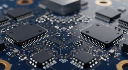 Intricate blue circuit board with chips and golden traces close up view