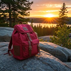 Red Backpack Sunset Hiking Adventure Travel
