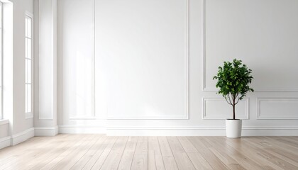 White Room Interior with Plant and Wooden Floor