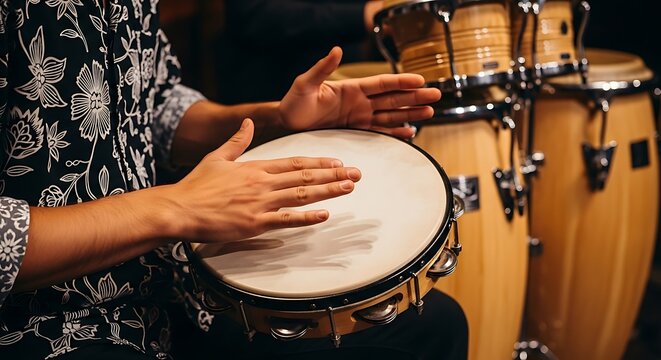 Musician playing percussion instruments tamborim and conga drums close up view