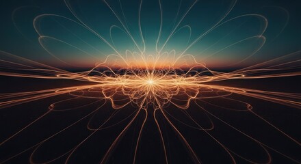 Light streams from a central glowing point over a dark plane, abstract art