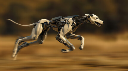 Whippet with aerodynamic armor shell and speed-assist bionic limbs mid-sprint 
