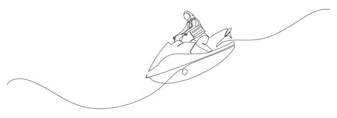 Fototapeta premium Continuous line art of a woman riding a jet ski on a beach with rolling waves. Vector illustration