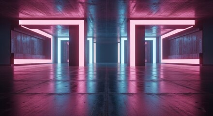 Fototapeta premium Lit corridor with pink/blue neon framing openings