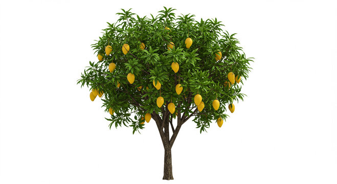 Lush mango tree with ripe fruits isolated on white background - Powered by Adobe