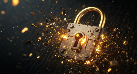 Futuristic cybersecurity concept showing a powerful digital shield with a circuit board texture deflecting incoming virus and malware attacks