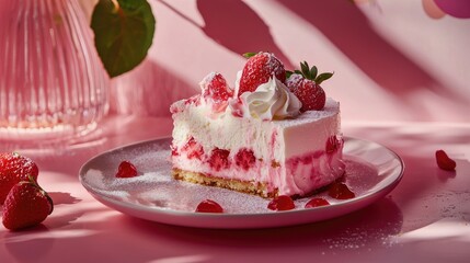 Fresh strawberry cheesecake slice with whipped cream, bright and cheerful presentation, dessert table setup food photography