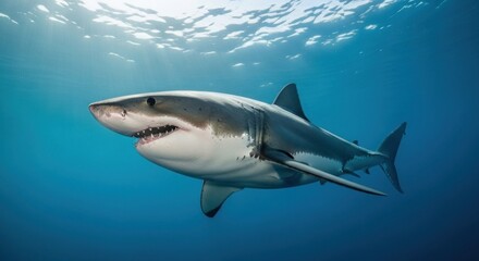 Fototapeta premium Majestic great white shark swims gracefully in blue ocean, sunlight above