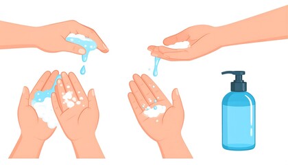 Hands washing, soap, hygiene, steps, background white