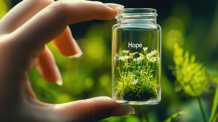 Generate A small glass capsule filled with green grass and wild flowers, held by a female hand with a delicate manicure between her fingers. 