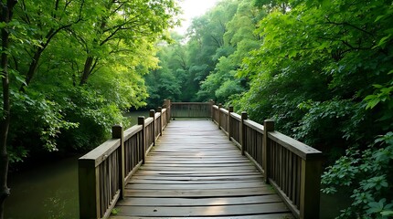 Wooden Walkway Through Lush Green Forest over Serene Stream