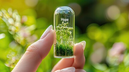 Generate A small glass capsule filled with green grass and wild flowers, held by a female hand with a delicate manicure between her fingers. 