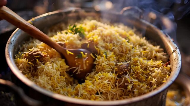 Steaming biryani rice with spices and herbs stirred in large metal pot using wooden spoon capturing rich aroma vibrant colors traditional cooking celebration meal preparation