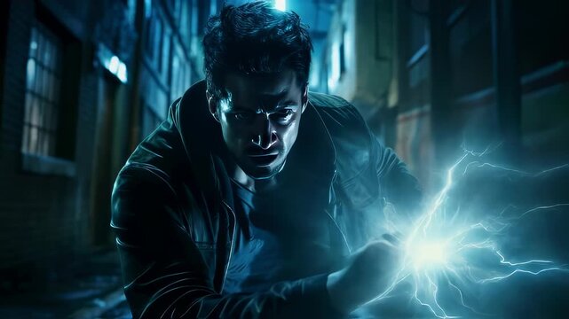 Cinematic scene with character with superpowers fighting on the street with lightning