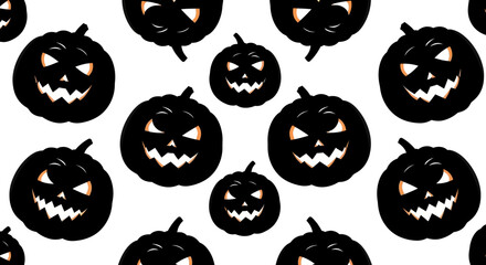 Seamless pattern of black jack-o'-lanterns with glowing orange eyes and jagged teeth on a white background.