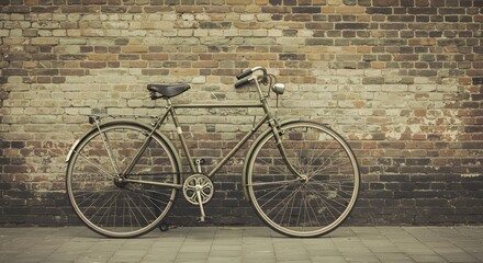 Fototapeta premium A gray bicycle is parked against a brick wall on a paved surface