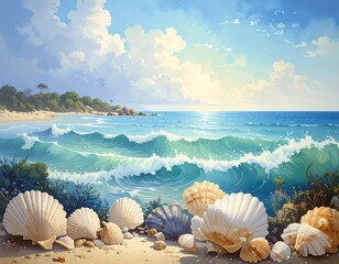 Sunny beach scene with shells