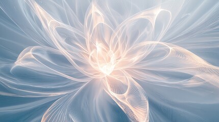 Illuminated floating glass filaments, stretching dynamically to form an ethereal flower-like silhouette, glowing softly in a white futuristic void, conceptual symmetry, refined transparency