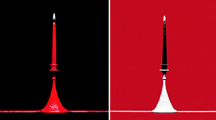 Red candle black background white candle red background minimal abstract dual contrast symmetry flame glow evokes calm