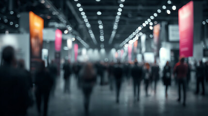 Blurred crowd of professionals at a convention center, showcasing the energy and buzz of networking and collaboration.