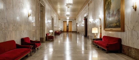 Grand hallway with red velvet sofas and artwork