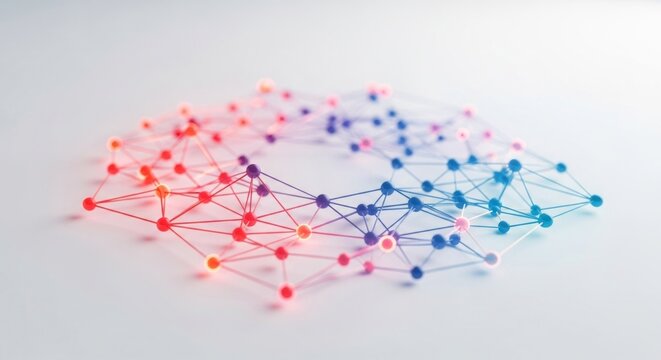 Network of interconnected nodes, color gradient from red to blue on white surface