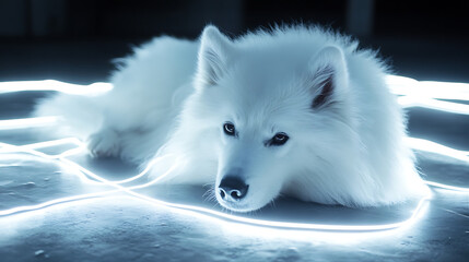 Samoyed with electric white fur and embedded emotional-response LED lines 
